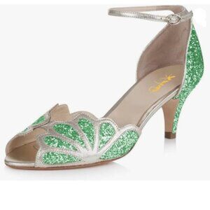 XYD Green Glitter Kitten Heels Peep Toe Ankle Strap Butterfly Latin Jazz Sandals